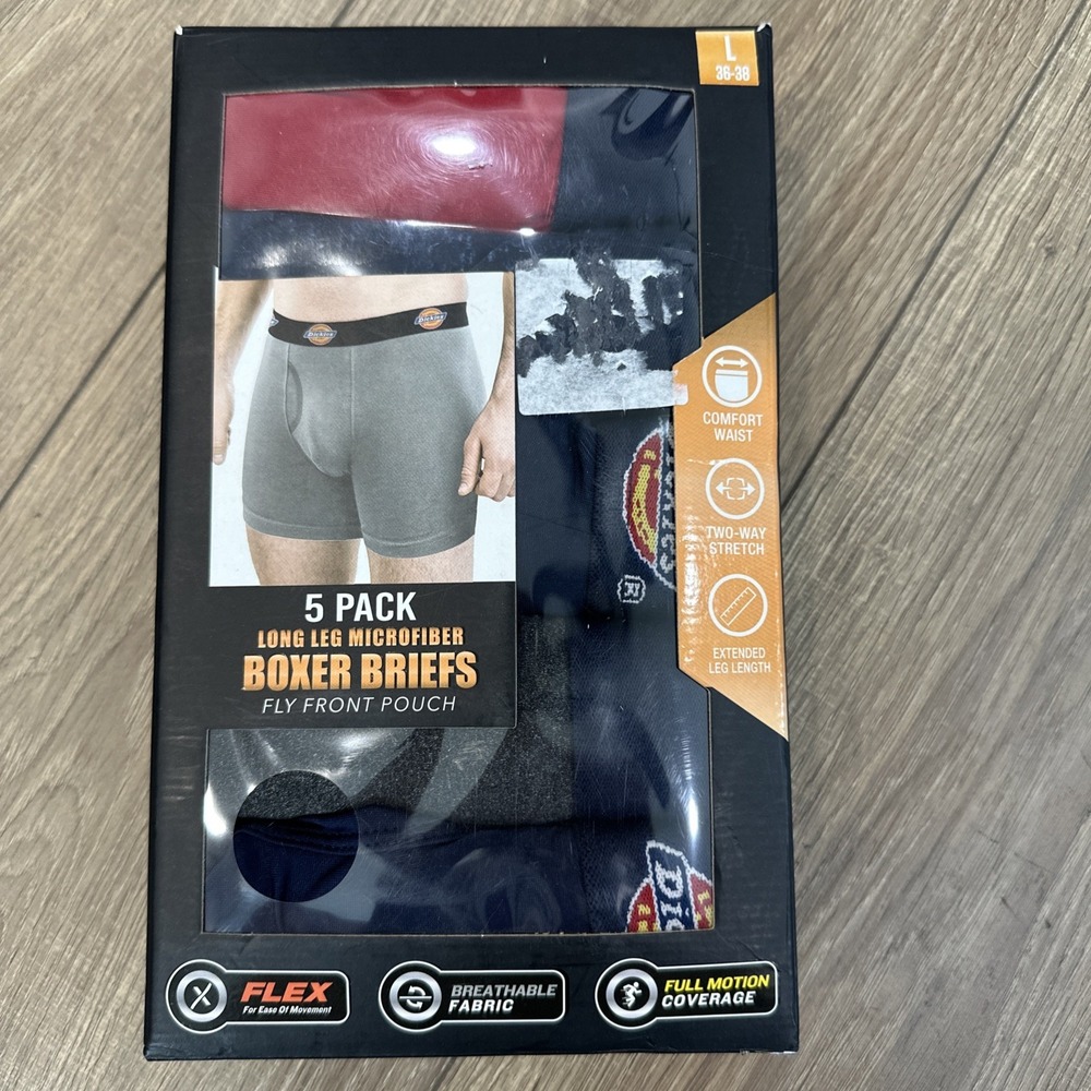 Dickies Men's Boxer Briefs SZ Large 5-Pk Super Soft Stretch w/ Fly Pouch Logo